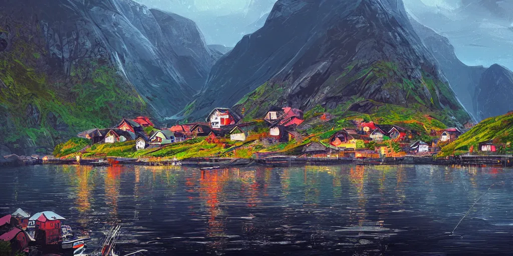 Prompt: a small fishing village nestled in the fjords of norway by alena aenami, petros afshar speedart