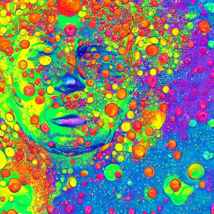 Image similar to illustration of a colorful melting human head. acrylic bubbles and flowers, ferrofluids, water distortions. intricate abstract. intricate artwork.