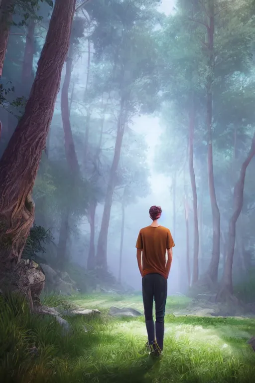 Image similar to young man with wavy black shoulder length hair, plain cotton shorts, back view, trees, detailed forest background, webtoon, breathtaking scenery, colourful, 8 k, graphic novel, digital art trending on artstation, volumetric lighting, octane render, cinematic, hyper detailed, magical atmosphere