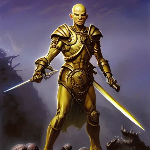 Image similar to ( ( ( quarter length portrait of a gaunt noseless yellow - skinned bald githyanki warrior in a breastplate, wielding a magical silver greatsword ) ) ), greg rutkowski, frank frazetta, alexandre chaudret, boris vallejo, michael whelan, miro petrov, magali villeneuve, donato giancola, d & d