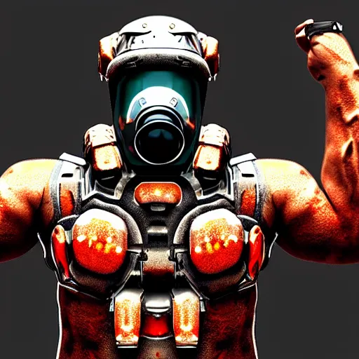 Image similar to a award winning action upper body portrait of nuke zombie with a breathing mask while wearing futuristic bodyarmor and pauldrons, outrun, vaporware, highly detailed, fine detail, intricate