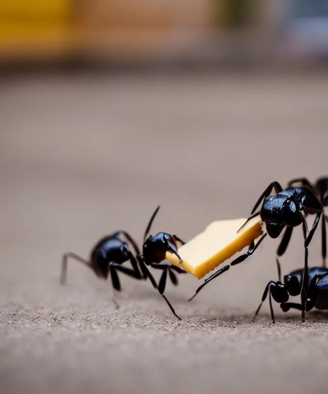 Prompt: high quality presentation photo of cute anthropomorphic black ants eating cheese, photography 4k f1.8 anamorphic bokeh 4k Canon Nikon