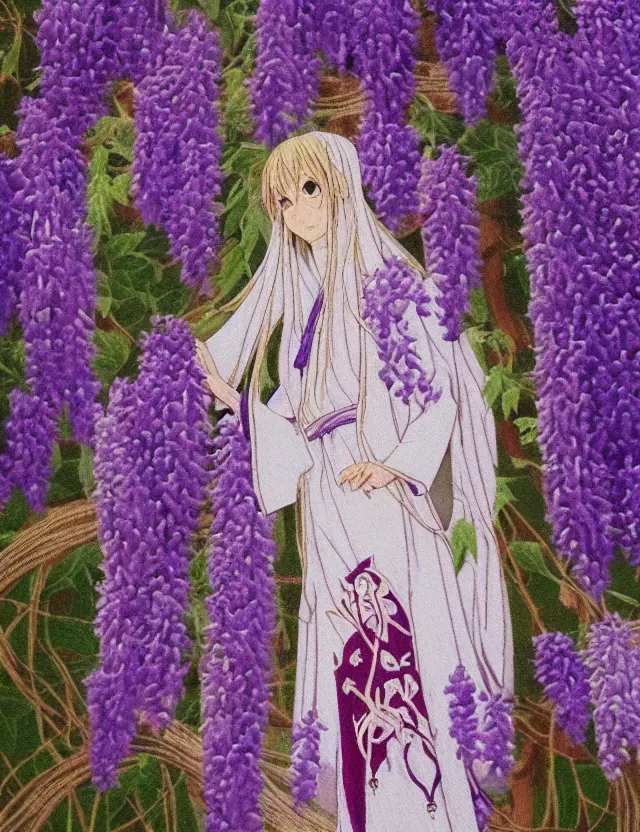 Prompt: priestess of the wisteria hills. embroidered tapestry by the award - winning mangaka, bloom, chiaroscuro, backlighting, depth of field.