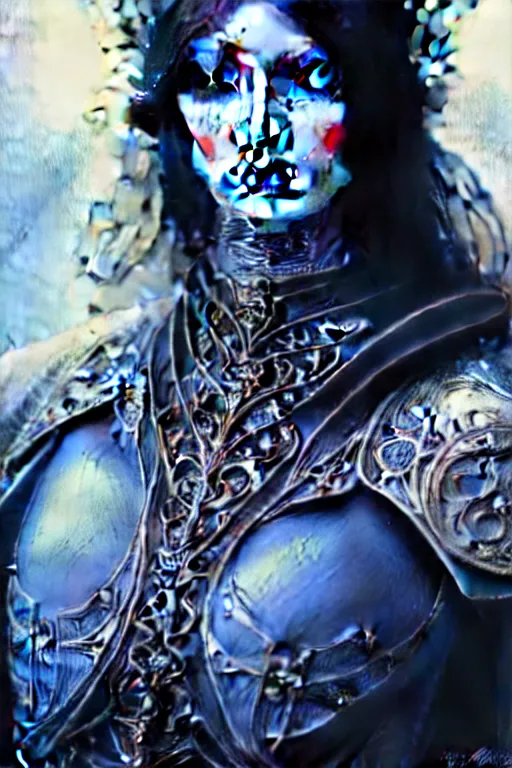 Image similar to beautiful luxury and gothic and victorian and evil medieval female blue & white color armor knight portrait+smoky eyes+light flowing hair, in ruin gothic cathedral, ultradetail face, art and illustration by tian zi and craig mullins and WLOP and alphonse mucha, fantasy, intricate complexity, human structure, fantasy world concept, watermark, blurry, hyperrealism 8k