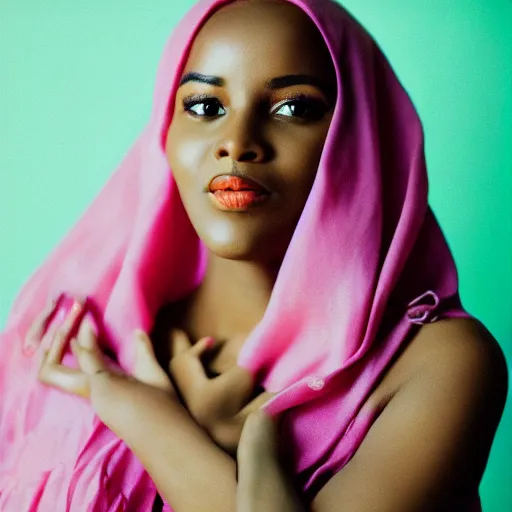 Prompt: studio photography, portrait image, somali woman, beautiful, vintage, dreamy, happy, pastel