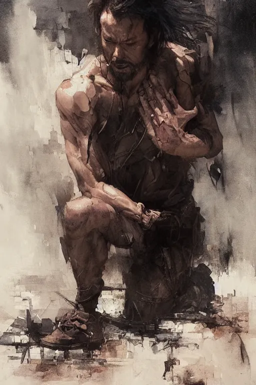 Image similar to man kneeling at the foot of a wooden cross, dramatic lighting art by Yoji Shinkawa by Richard Schmid by greg rutkowski by Sandra Chevrier by Jeremy Lipking cinematic dramatic, by frank miller, illustration by Ruan Jia and Mandy Jurgens and William-Adolphe Bouguereau, Artgerm, 4k, digital art, surreal, space dandy style, highly detailed, godsend, artstation, digital painting, concept art, smooth, sharp focus, illustration by Ruan Jia and Mandy Jurgens and William-Adolphe Bouguereau, Artgerm