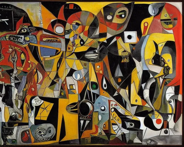 Image similar to a painting of guernica with aliens and robots by graham sutherland, egon schiele, gustav klimt, joan miro, basquiat!, expressionism