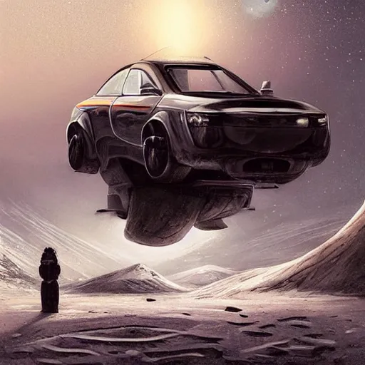 Image similar to futuristic lada flying car on the street of a Russian sleeping quarters on the moon, Norilsk, sci-fi, fantasy, intricate, very very beautiful, elegant, highly detailed, digital painting, artstation, concept art, smooth, sharp focus, illustration, art by artgerm and greg rutkowski and alphonse mucha