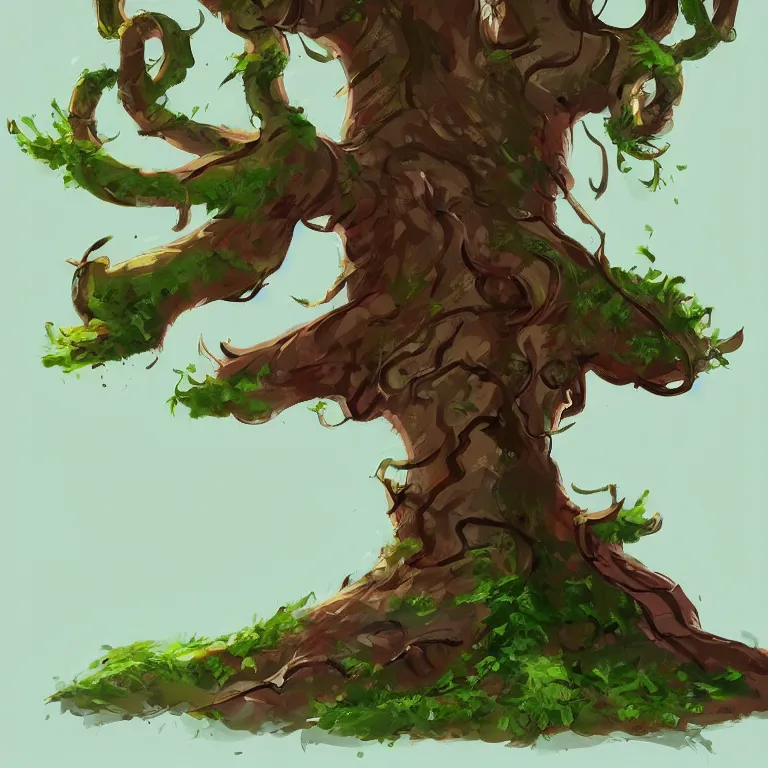 Prompt: cartoon tree with a twisted trunk and green leaves, white background, concept, concept art by senior environment artist, artstation, 2 d game art, concept art, speedpainting