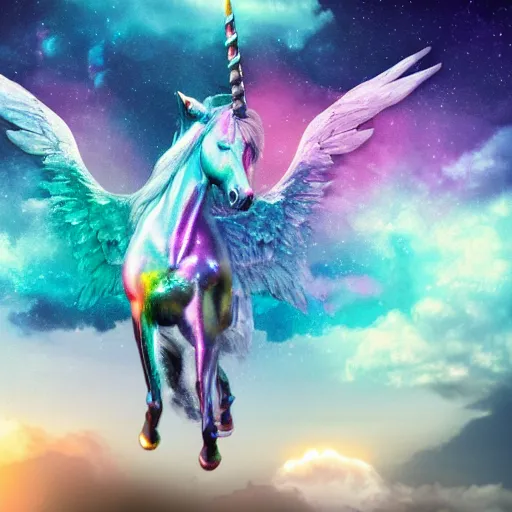 Image similar to 8 k capture scan of a iridescent unicorn with wings dancing in a garbage dump, the sky has the milky way, high textured, conceptual, intricate detailed photography, illustration sharp