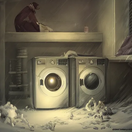 Prompt: demonic creature crawling out of a washing machine in a laundry room, cinematic lighting, inspired by Evgeny Lushpin,George, greg rutkowski winter,nighttime,cinematic,art station