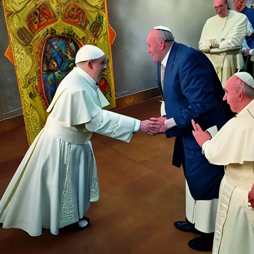 Image similar to shrek kisses the pope's hand. photojournalism, wide angle lens, extremely detailed face, new york times cover, studio lighting