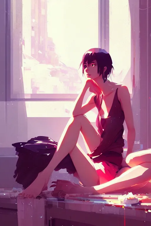 Image similar to a ultradetailed beautiful panting of a stylish woman sitting in a messy apartment, by makoto shinkai, conrad roset and greg rutkowski, trending on artstation