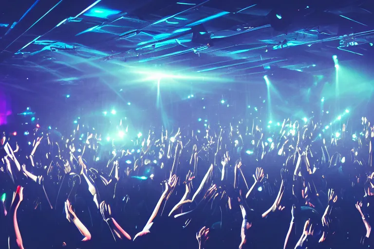 Image similar to crowd partying with their hands up at a club, volumetric lighting, haze, moving heads light beams, spot lights, disco ball, dj on stage with raised hands at the far end, silhouette, digital art, trending on artstation, 4k, unreal engine, intricate, ornate