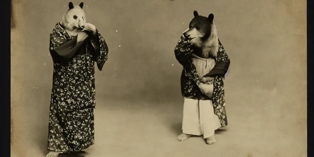 Image similar to anthropomorphic asian black bear in kimono, 1900s photo