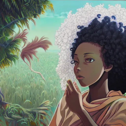 Prompt: a somali woman with curly hair, painting on a canvas, anime style, studio ghibli, contemplative, beautiful, surreal, detailed, dreamy