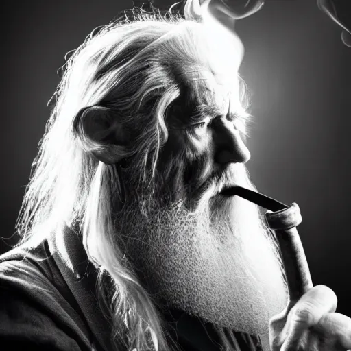 Image similar to a closeup black and white studio photographic portrait of gandalf smoking a long pipe, dramatic lighting