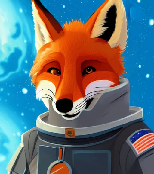 Prompt: digital detailed art of furry female fox, in style of zootopia, fursona, furry, furaffinity, deviantart, wearing astronaut outfit, floating in space, space background, hyena fursona, cyberpunk, detailed face, style of artgerm,