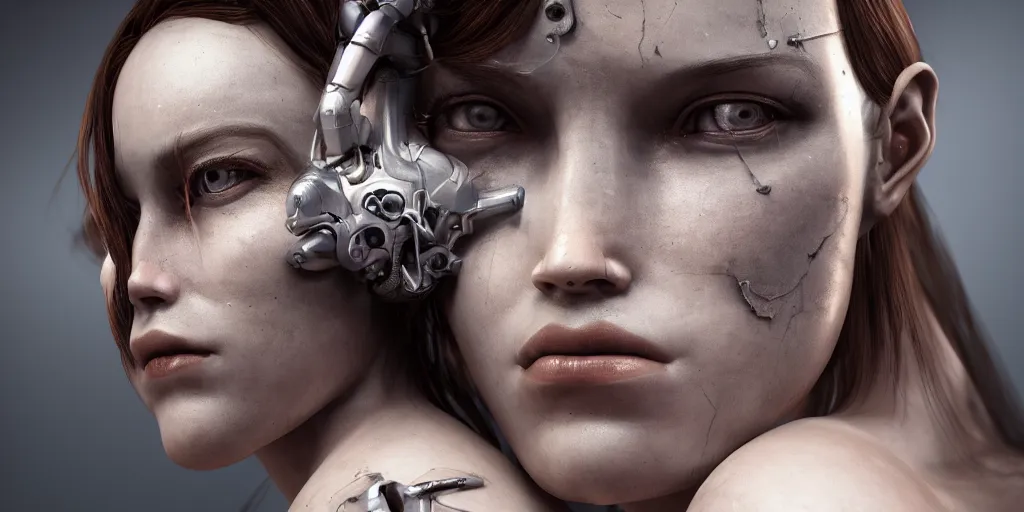 Image similar to hyper realistic photography of a stunningly beautiful cyborg female, elbow, intimate, holding close, in the style of beth cavener, jin kagetsu, wlop, rankin, highly detailed, intricate filigree, symmetry, masterpiece,, concept art, highkey lighting, ambient lighting, octane render, 8 k, artstation