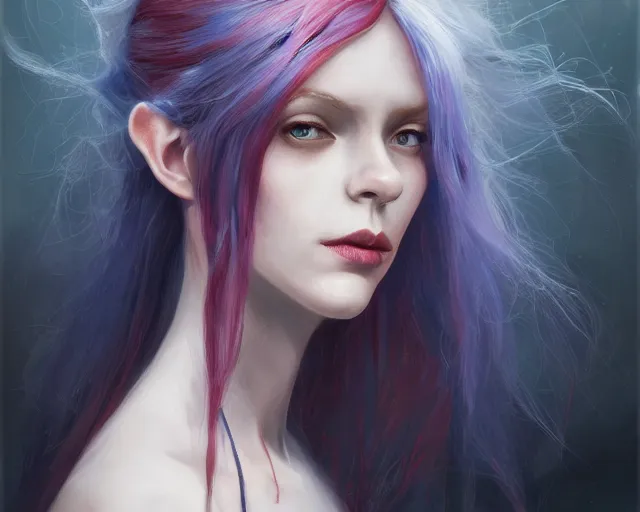 Image similar to A detailed matte oil on canvas head on symmetrical portrait of a distinguished elven woman with red and blue hair on an empty background, by Charlie bowater, Lise Deharme, Wlop, trending on artstationhd, dungeons and dragons art, parted hair , half blue, half red , split dye, critical role