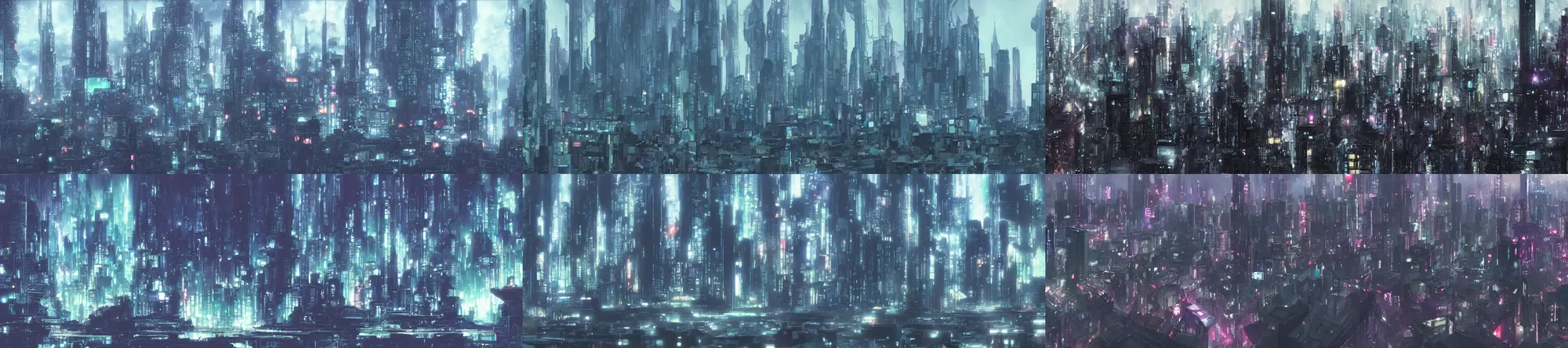 Prompt: a futuristic city skyline on a dreary day, anime animation background matte painting, background art, from the anime ghost in the shell and akira