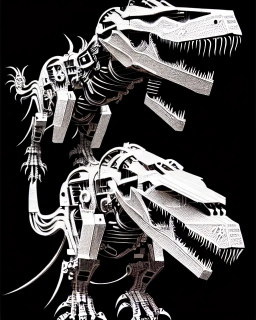 Prompt: a cyberpunk intricate mechanical robot t - rex dinosaur, transformer, high details, symmetry, bold line art, by vincent di fate, kim jung gi, joe fenton, inking, scifi, screen print, masterpiece, character concept art, trending on artstation, sharp, high contrast, ultrafine hyper detailed, comic book cover, hd, 4 k, 8 k