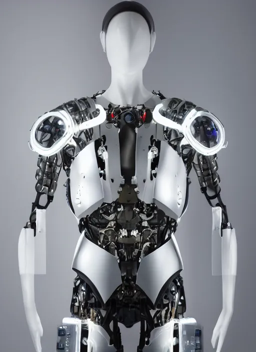 Image similar to Close upper body shot. Artistically angled subject. Professional studio portrait lighting. Technological fashion photography. Mechanical cybernetic suit designed by Ikeuchi Hiroto. Wearable design. Hydraulics. Reflective domes. Intricate tech. Formfitting. Bulky wearables. Receiver Antennae.
