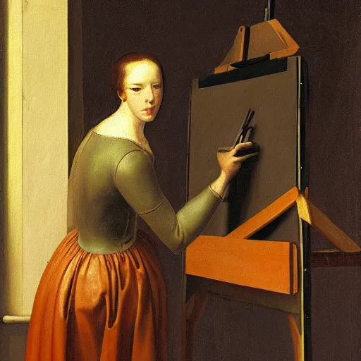 Prompt: a renaissance oil painting of a sad robot standing at a blank easel