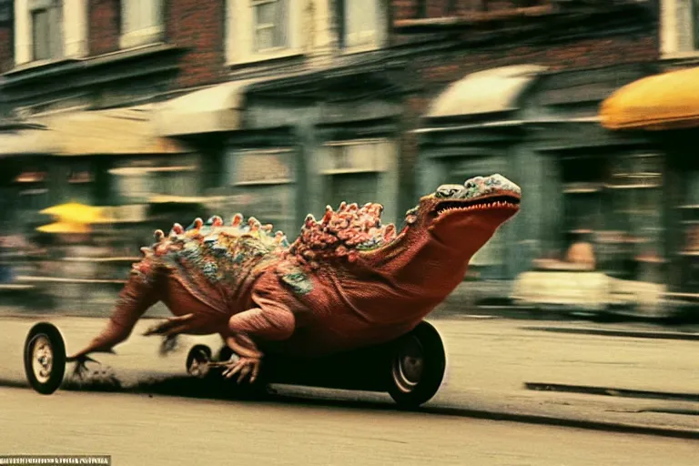 Prompt: street photography by saul leiter and fred herzog and william eggleston, award winning photo of an ultra detailed intricate dirty dinosaur speeding very fast on mud, fast shutter speed, motion blur, tiny gaussian blur, highly detailed, highly intricate, depth of field, trending on top gear