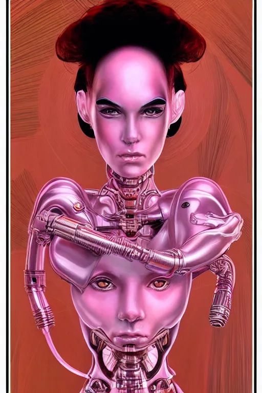 Image similar to organic cyborg head wrapped in silk by Hajime Sorayama and Jamie Coreth, trending on artstation, centered, symmetrical, snow white, thick pink hair, bilateral symmetry, 70s poster, polished, thick smoke, retro dark vintage sci-fi, 2D matte illustration