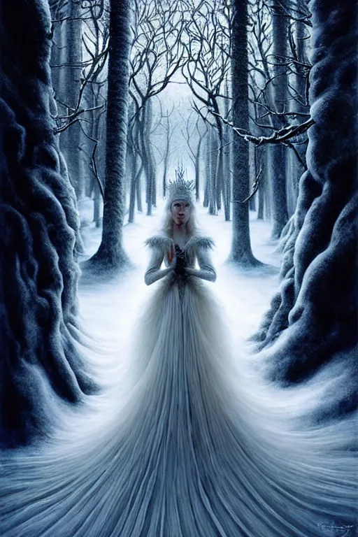 Image similar to epic professional digital art of the white snow queen, atmospheric lighting, painted, complex, detailed, sinister background, leesha hannigan, wayne haag, reina rocin, ignacio fernandez rios, mark ryden, iris van herpen, epic, stunning, magnificent, very wow, cinematic, masterpiece.