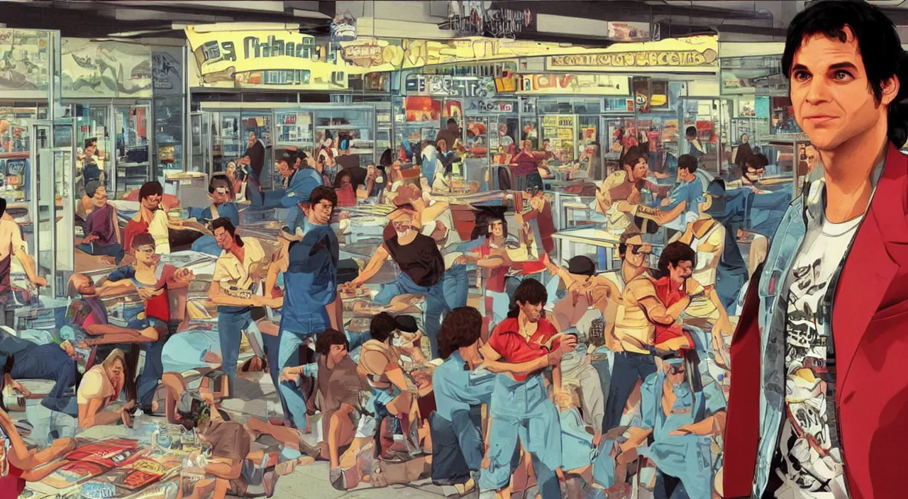 Image similar to GTA V illustration of 1980s Ralph Macchio on the cover of GTA V, in the food court of a 1980’s shopping mall