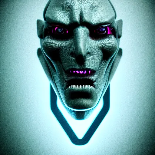 Image similar to synthwave demonic grey alien face with neon horns, detailed face, sharp focus, synthwave art, aesthetic, octane render, raw, cinematic