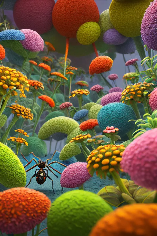 Image similar to super detailed color art, a lot of small garden flowers, A multiverse of insects and spiders, unreal engine, wes anderson color palette, 3d render, colorful, digital art