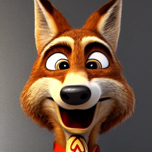 Image similar to portrait, 3 d render, anthropomorphic coyote male, wearing along brown leather jacket, in the style of zootopia