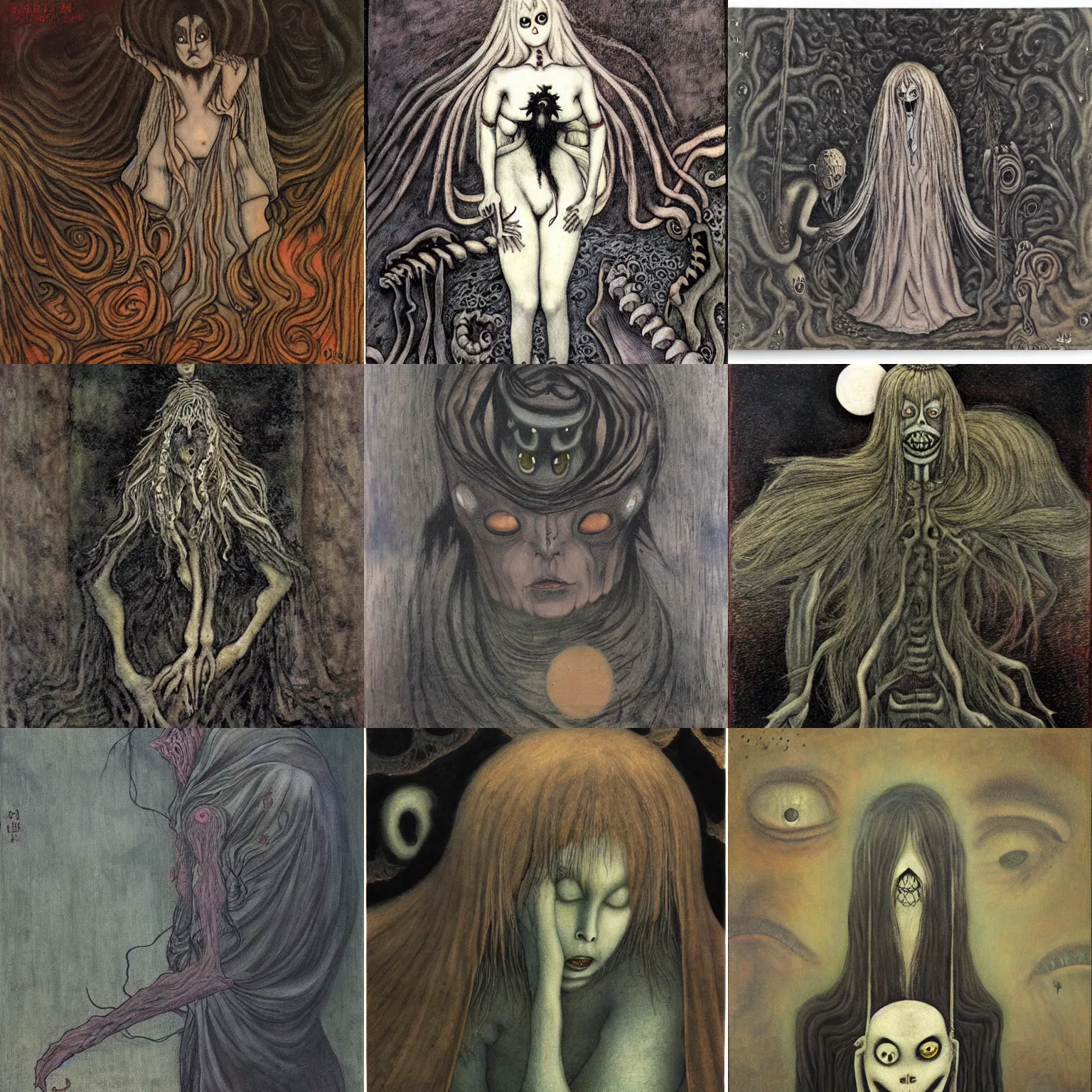 Prompt: sleep paralysis demon by Junji Ito, style of John Bauer, oil painting on canvas