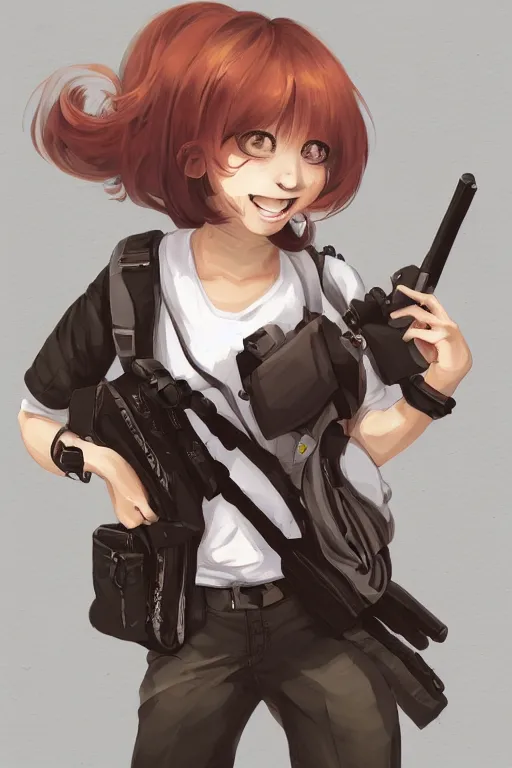 Prompt: illustration of a girl smiling holding a gun, drawn by mai yoneyama, hasuimo, palow, kaechang, and mitsume takahashi, detailed, dynamic lighting, pixiv art, digital art, anime art,