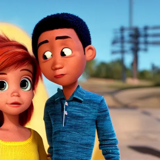 Image similar to a cinematic film still from a 2001 Pixar movie about a lightskin boy and latina hirl falling in love and having a child together, in the style of Pixar, shallow depth of focus