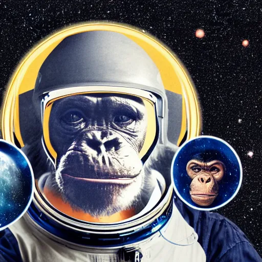 Image similar to double exposure portrait split in the middle of a astronaut and one chimpanzee in a suit posing with space in the background, pencil sketch, dynamic lighting of stars, sharpness, golden ratio