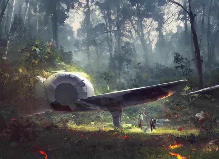 Prompt: a crash-landing sight of a spaceship in a forest on the ground, smoke in the air, debris on ground, smoke and small flame on ship. By Makoto Shinkai, Stanley Artgerm Lau, WLOP, Rossdraws, James Jean, Andrei Riabovitchev, Marc Simonetti, krenz cushart, Sakimichan, trending on ArtStation, digital art.