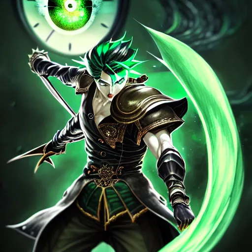 Image similar to a man with dark green hair, green glowing eyes what look like a clock, high detail clothing, fantasy, elegant, highly detailed, digital painting, artstation, concept art, smooth, sharp focus, illustration, artbook, dynamic pose, splash art, promo art, soul calibur, art by artgerm and greg rutkowski and bo chen and jin xiaodi