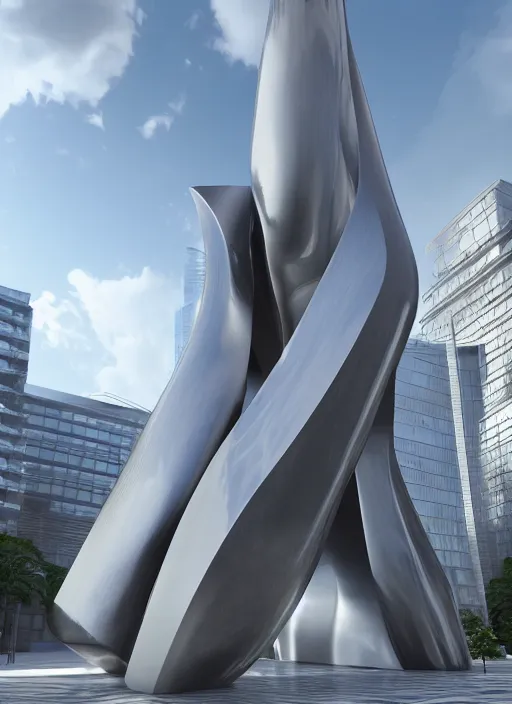 Prompt: highly detailed architecture 3 d render of a huge high futuristic metallic stele sculpture in zaha hadid style standing in city park, archdaily, made in unreal engine 4