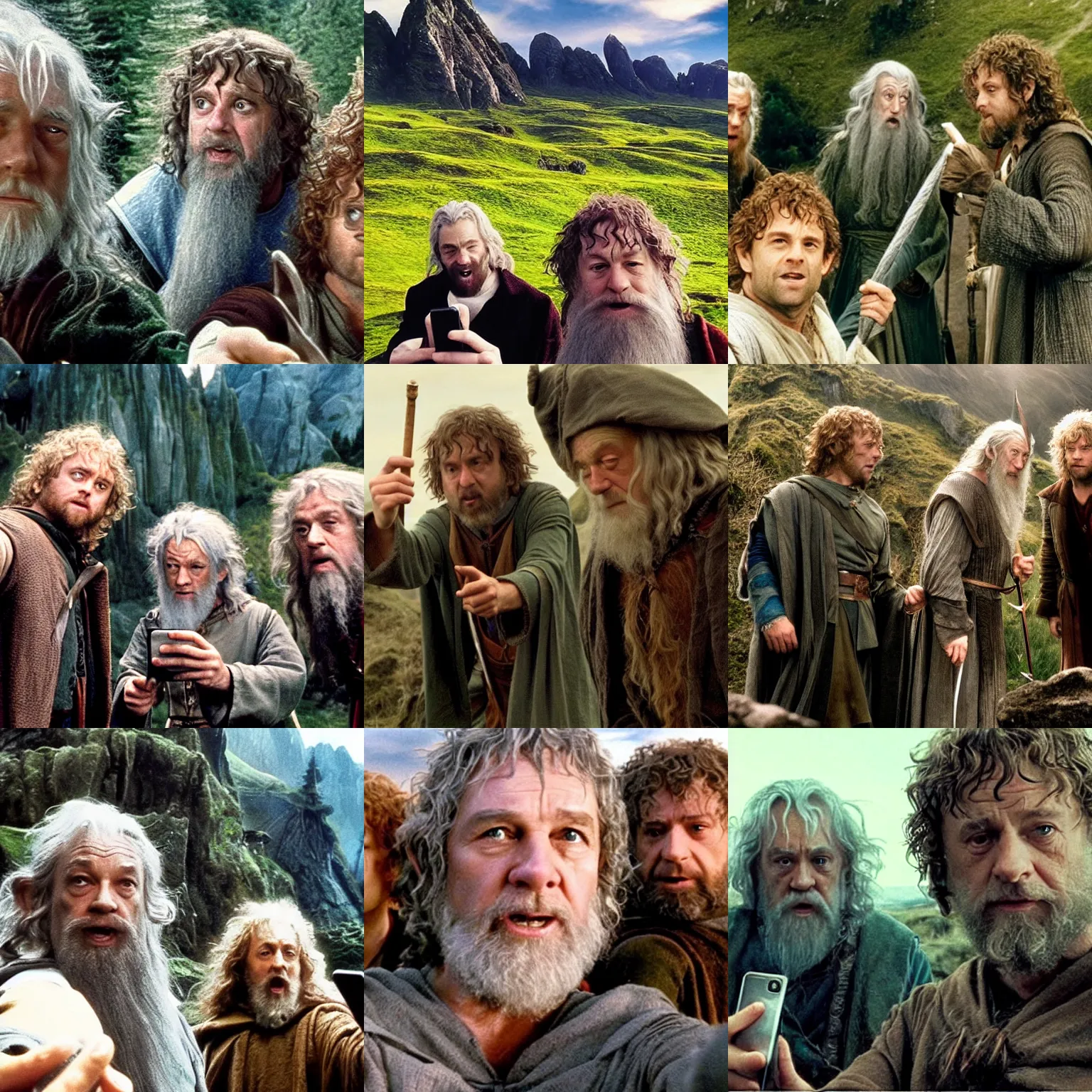 Prompt: merry and pippin taking selfies on their smartphones while gandalf and samwise stand behind them scowling, beautiful nature scenery, movie still by peter jackson