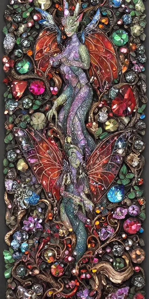 Prompt: intricate colourfully painted carved Soapstone relief paneling of a fairy dragon, faerie, white gold and crimson red diamond tones, gemstones, crystals, crystal clusters, metallic colors, glass, mythical, vibrant vegetation, trees, flowers, colorful vines, dark atmosphere, bright colors, Ghostly, ornate, mystical, fantasy, crystaline celtic, insanly detailed , trending on artstation, wallpaper, hyper realistic, realistic lighting, ambient occlusion, 8k, unreal engine, octane render, HDR, HD, award winning, featured, VFX, CGI, matching colors, color theory