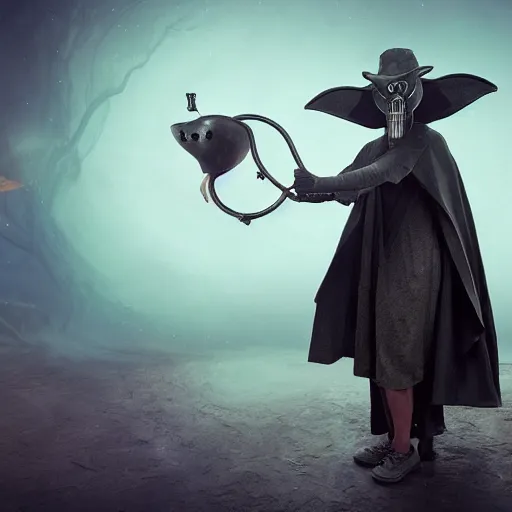 Prompt: sandman god of dreams wearing an plague - doctor mask, deliver me cosmic sight,, by patrick woodroffe, by igor morski, by lauri lipton, valley of the damned background, cinematic lighting, volumetric lighting, neosurrealism, realistic shadows, sandman, particle effects, rendered in octane, fantasy