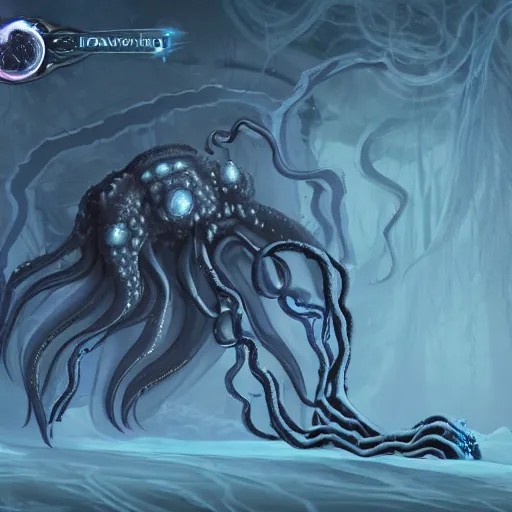 Image similar to screenshot of an end game boss that is an ethereal obsidian ghostly wraith like figure with a squid like parasite latched onto its head and long tentacle arms that flow lazily but gracefully at its sides like a cloak and chains rattling at its sides while it floats around a frozen rocky tundra in the snow searching for lost souls hidden among the underbrush of the frozen trees, this character has hydrokinesis and electrokinesis for silent hill video game and inspired by the resident evil game franchise