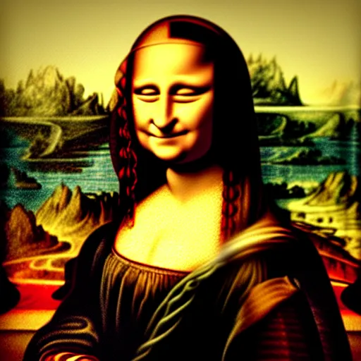 Prompt: A portrait of mona lisa holding a giant join in real life, amazing detail, digital art
