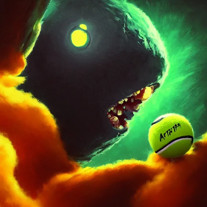 Image similar to cinematic portrait of a cute tennis ball monster in the abyss of space, chalk, masterpiece, trending on artstation, featured on pixiv, cinematic composition, dramatic pose, beautiful lighting, sharp details, hyper-detailed, HD, HDR, 4K, 8K, art by Basil Gogos