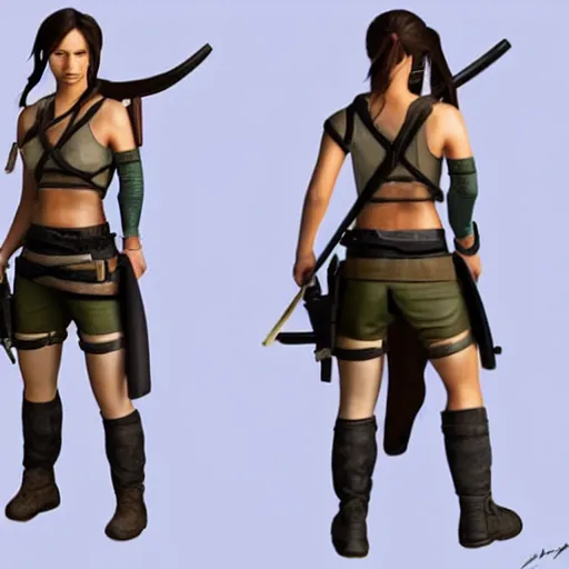 Image similar to Lara croft as samurai:: photorealistic::1 direct sunlight::1