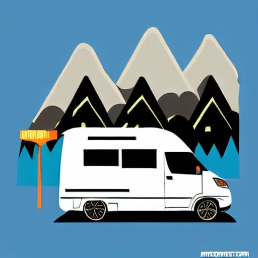 Image similar to a white and black cute thor chateau! motorhome camper!!, highway, mountains and sunset!!, very happy, colorful minimal vector art sticker by tom whalen